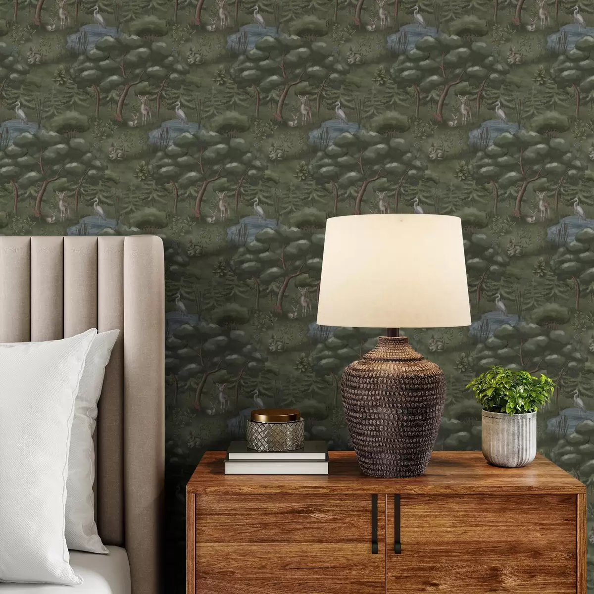 Háttérkép Erdő tisztás szarvasokkal, nyulakkal és gémekkel a00680