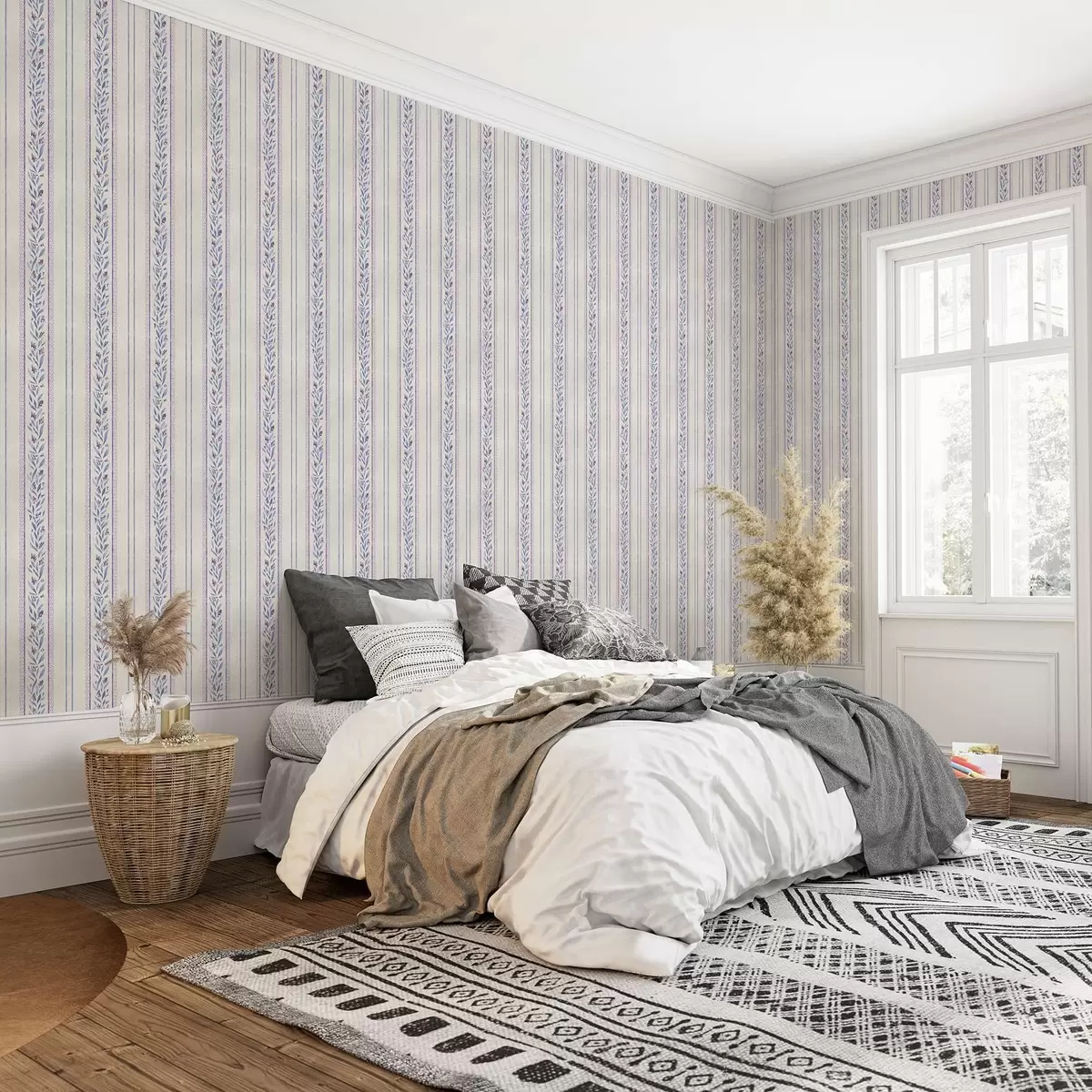 Háttérkép Függőleges csíkok levendula füzérrel, bézs háttérrel a00813v1