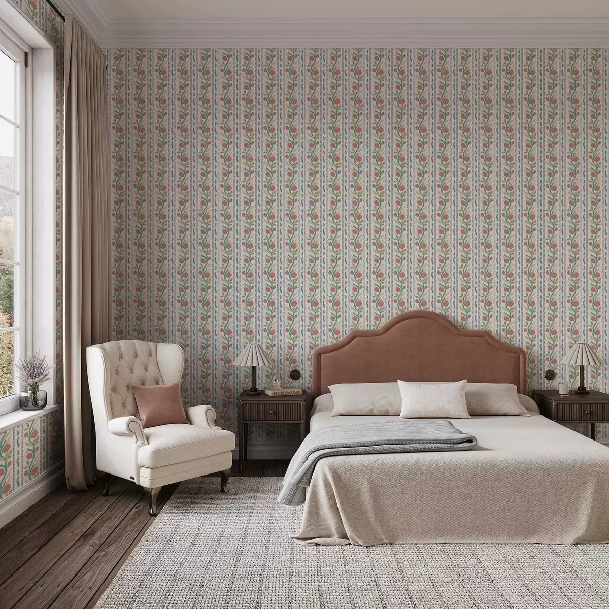 Háttérkép Függőleges csíkok korallvirágokkal és türkizkék levelekkel a00816