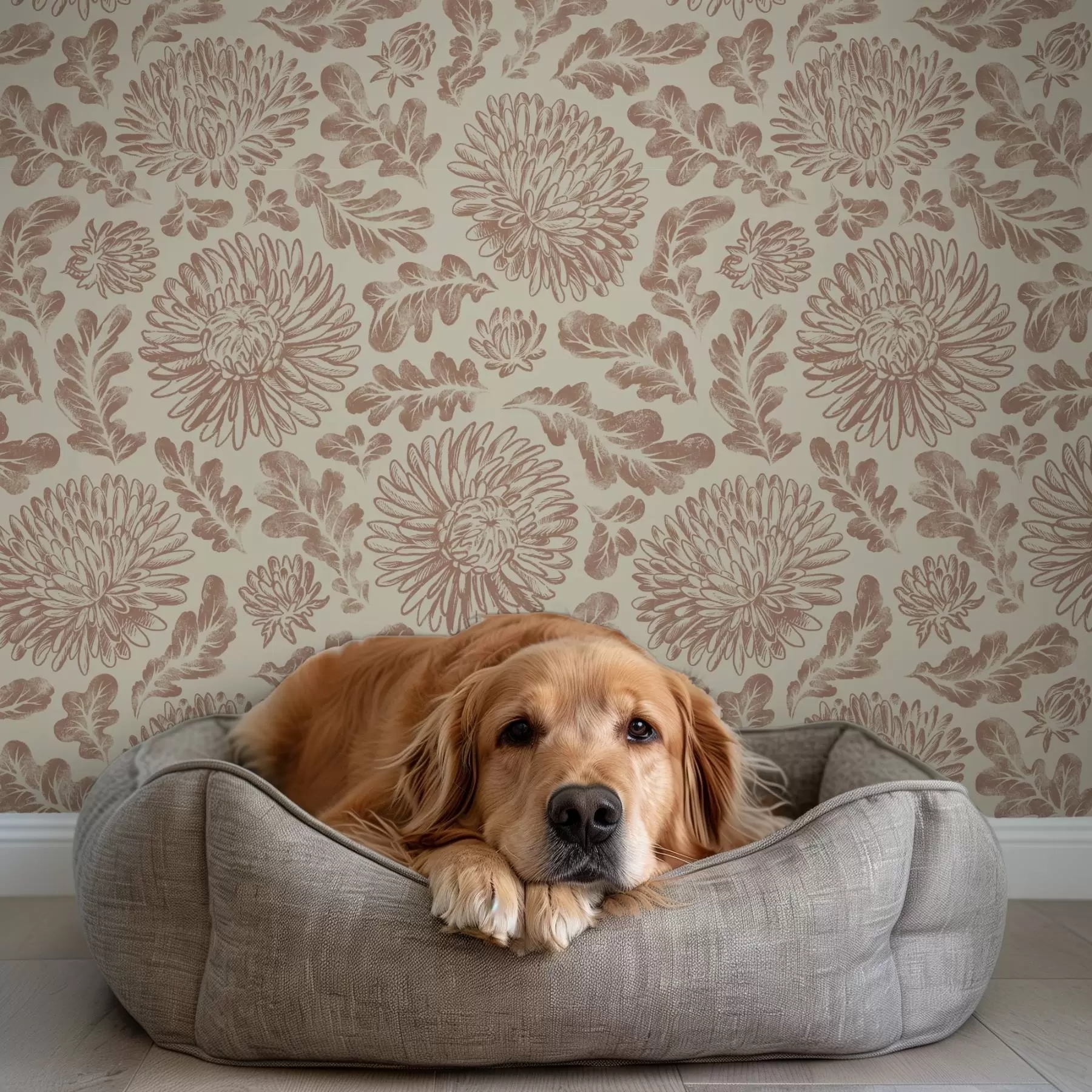 fotószőnyeg Krizantémok és tölgylevelek lágy bézs-barna színben a00840