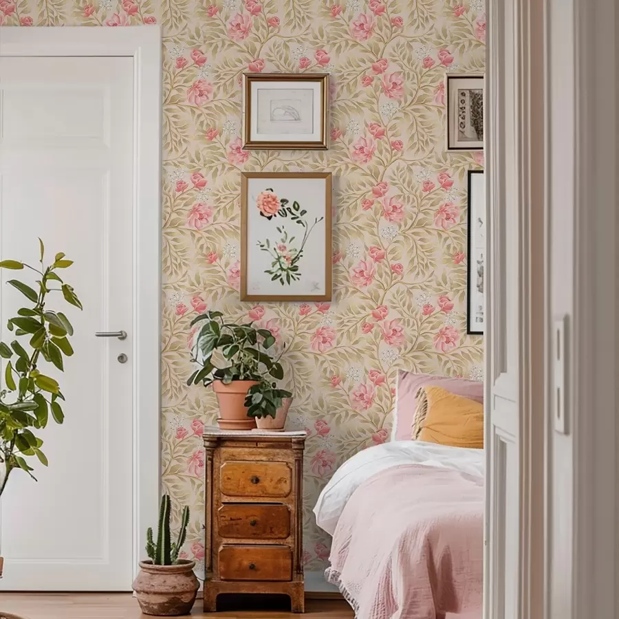 fotószőnyeg Rózsaszín virágok, fehér virágok és okkerszínű lombozat a00855