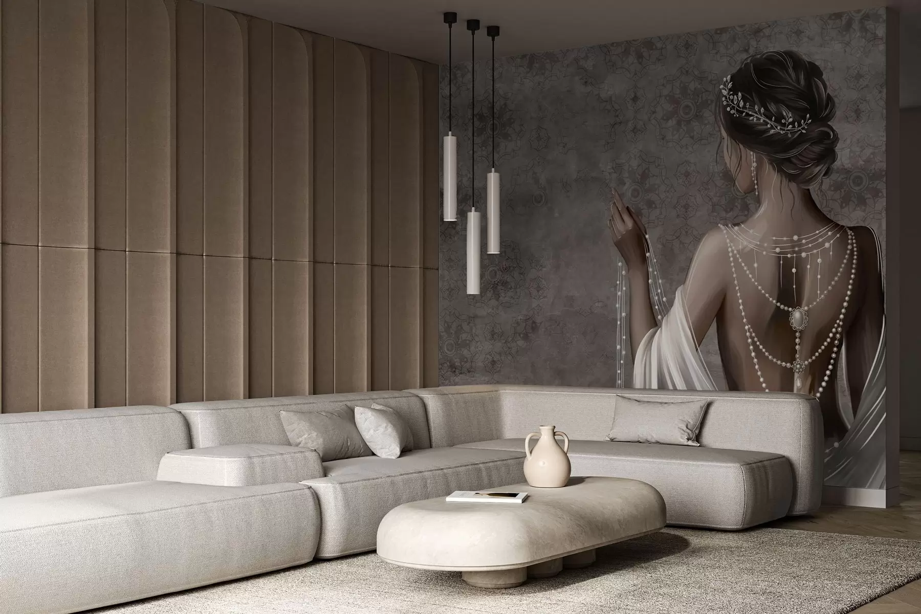 Fotószőnyeg Hátulról látható nő gyöngyökkel, szürke kőmintás háttérrel w04854 - Uwalls.hu fotószőnyeg Hátulról látható nő gyöngyökkel, szürke kőmintás háttérrel w04854