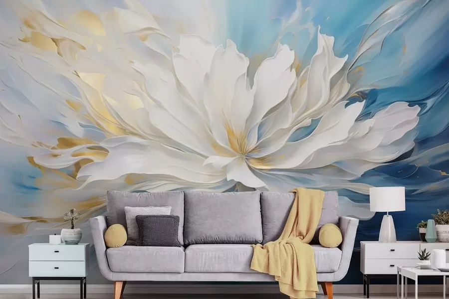 fotószőnyeg Kék-sárga háttér előtt nagy fehér pünkösdi rózsa olajfestmény stílusban w09511