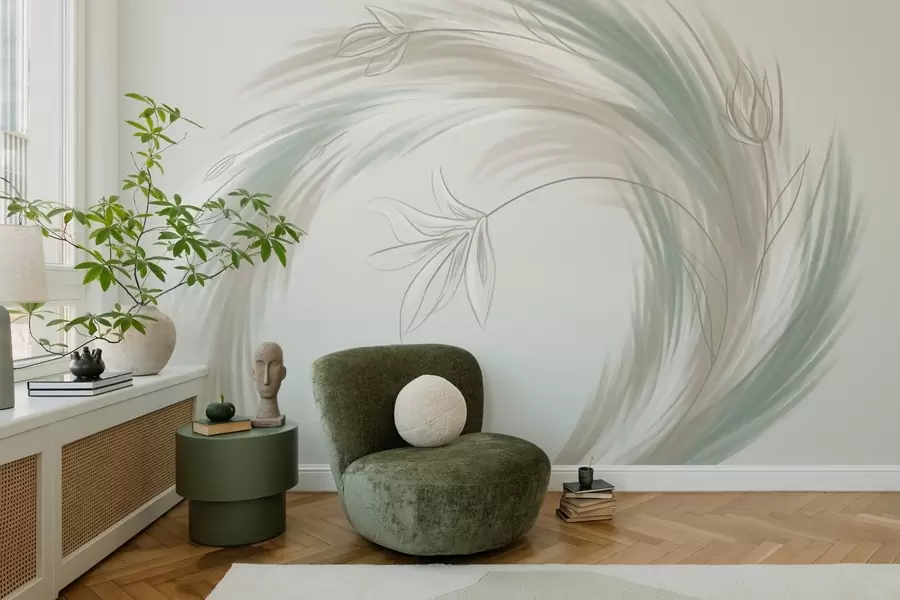 fotószőnyeg zöld és bézs tollak és virágok, kézzel festett w04816