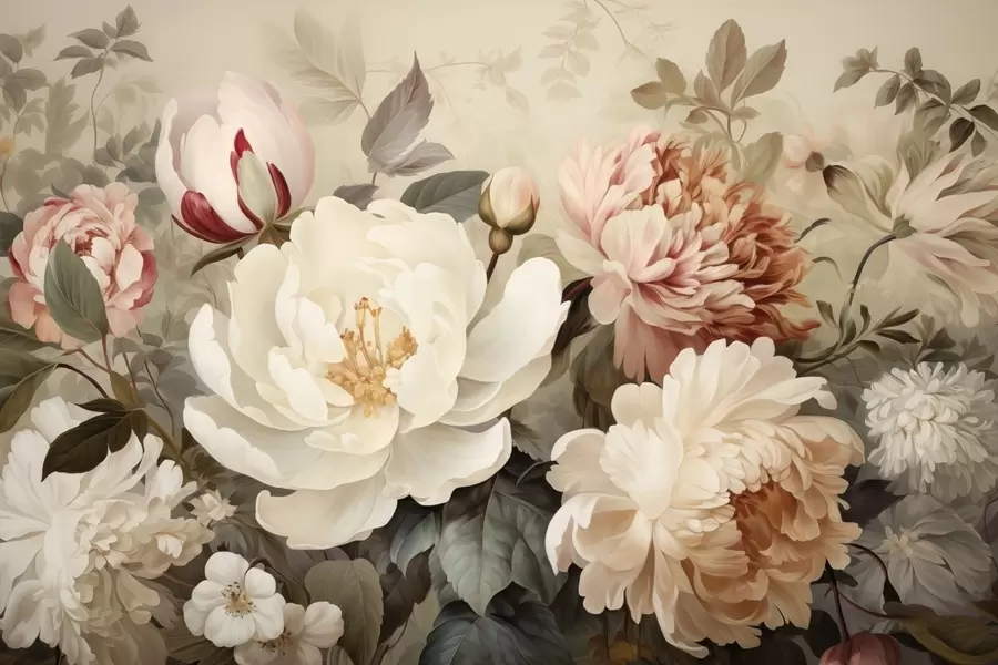 fotószőnyeg Pasztell árnyalatú, finom pünkösdi rózsák és krizantémok w09350