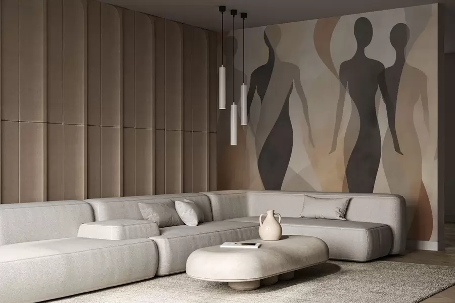 fotószőnyeg Sziluett alakok és lágy hullámok meleg bézs-szürke tónusokban w04787