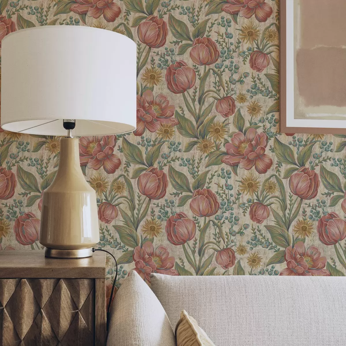 Háttérkép Vintage tulipánok és őszirózsák, texturált krém alapon a00773