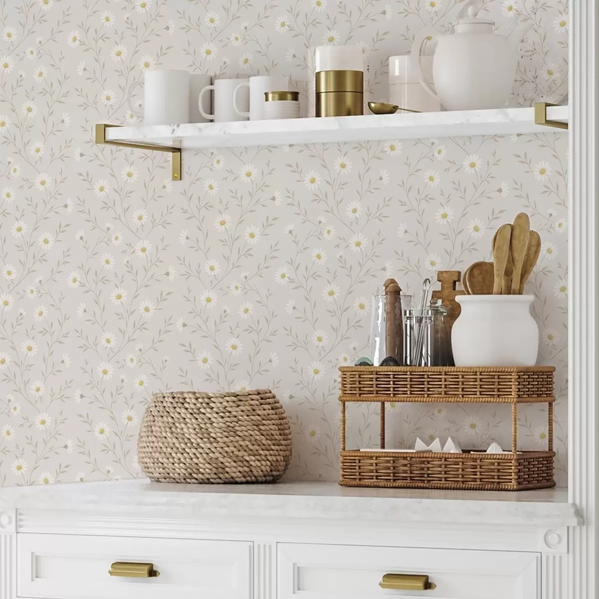 Háttérkép Apró margaréták gallyakon, meleg bézs színben a00777