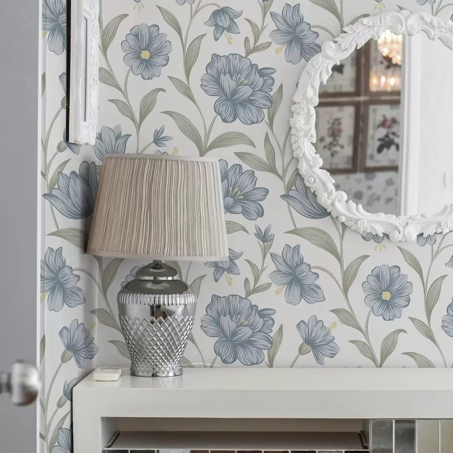 fotószőnyeg Poros kék virágok olajzöld levelekkel fehér alapon a00780