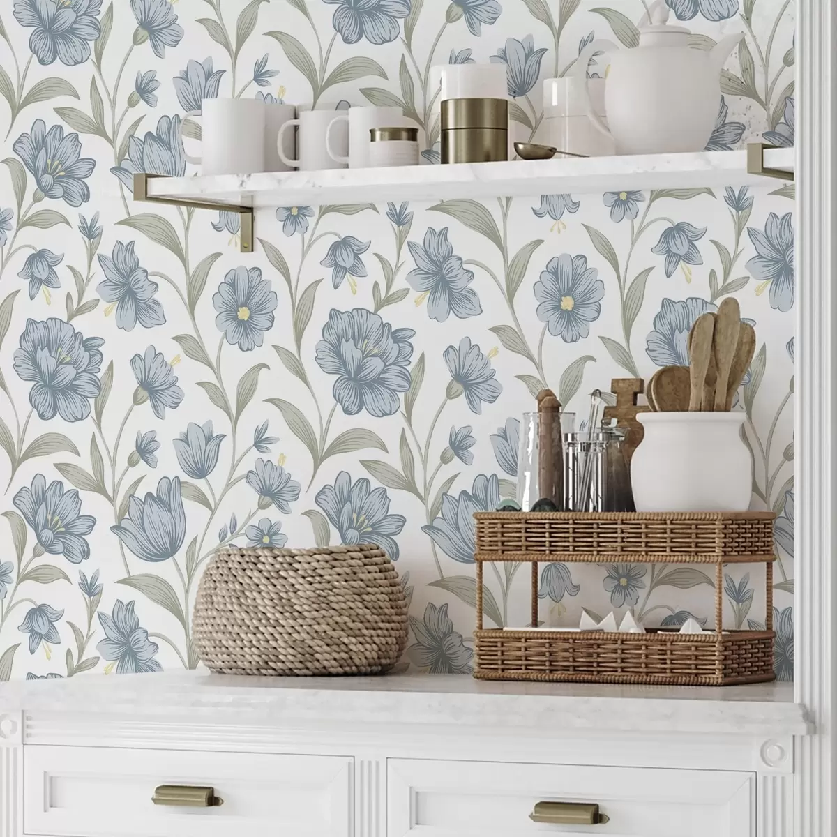 Háttérkép Poros kék virágok olajzöld levelekkel fehér alapon a00780