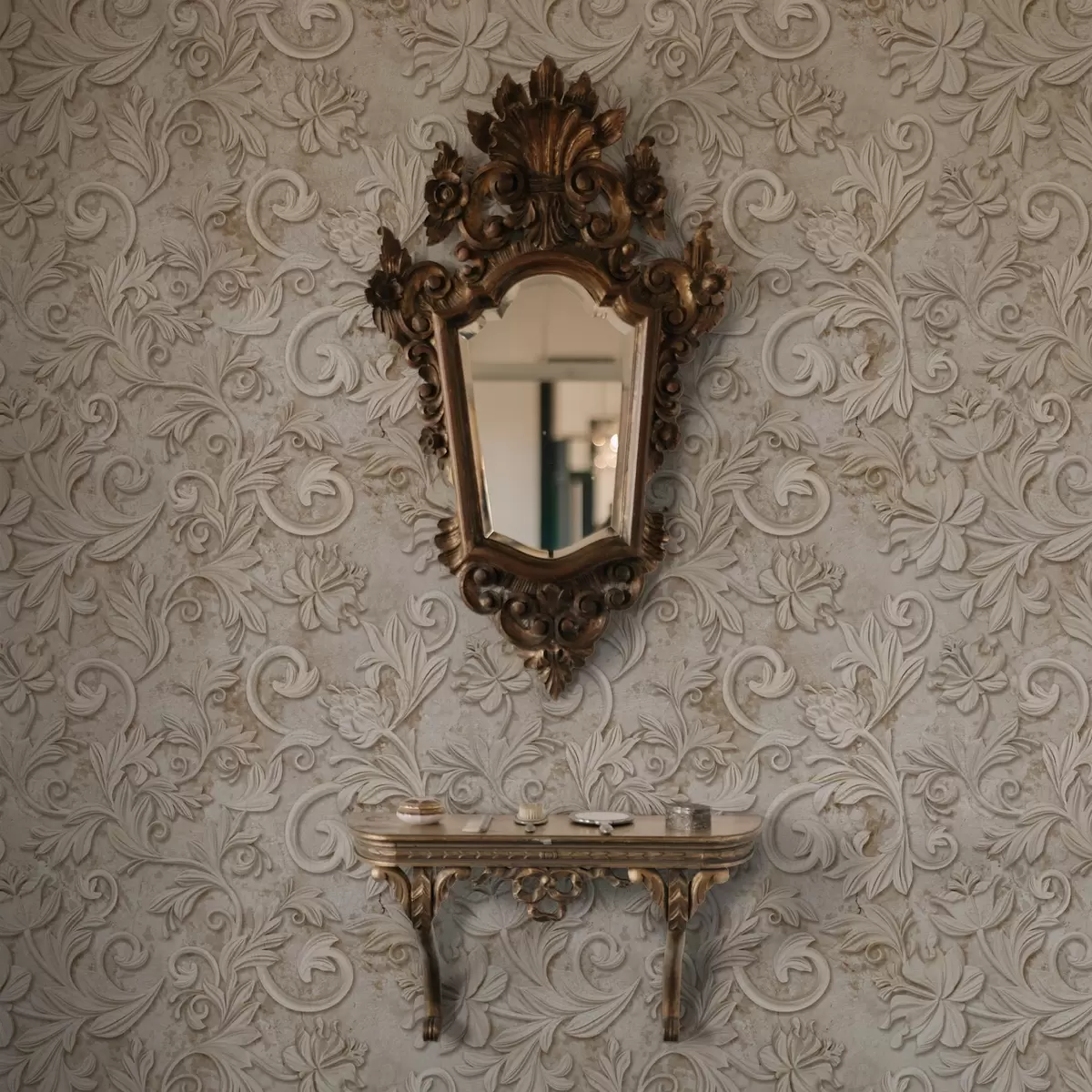 Háttérkép Kő dombormű virágos tekercsekkel, vintage bézs színű a00784