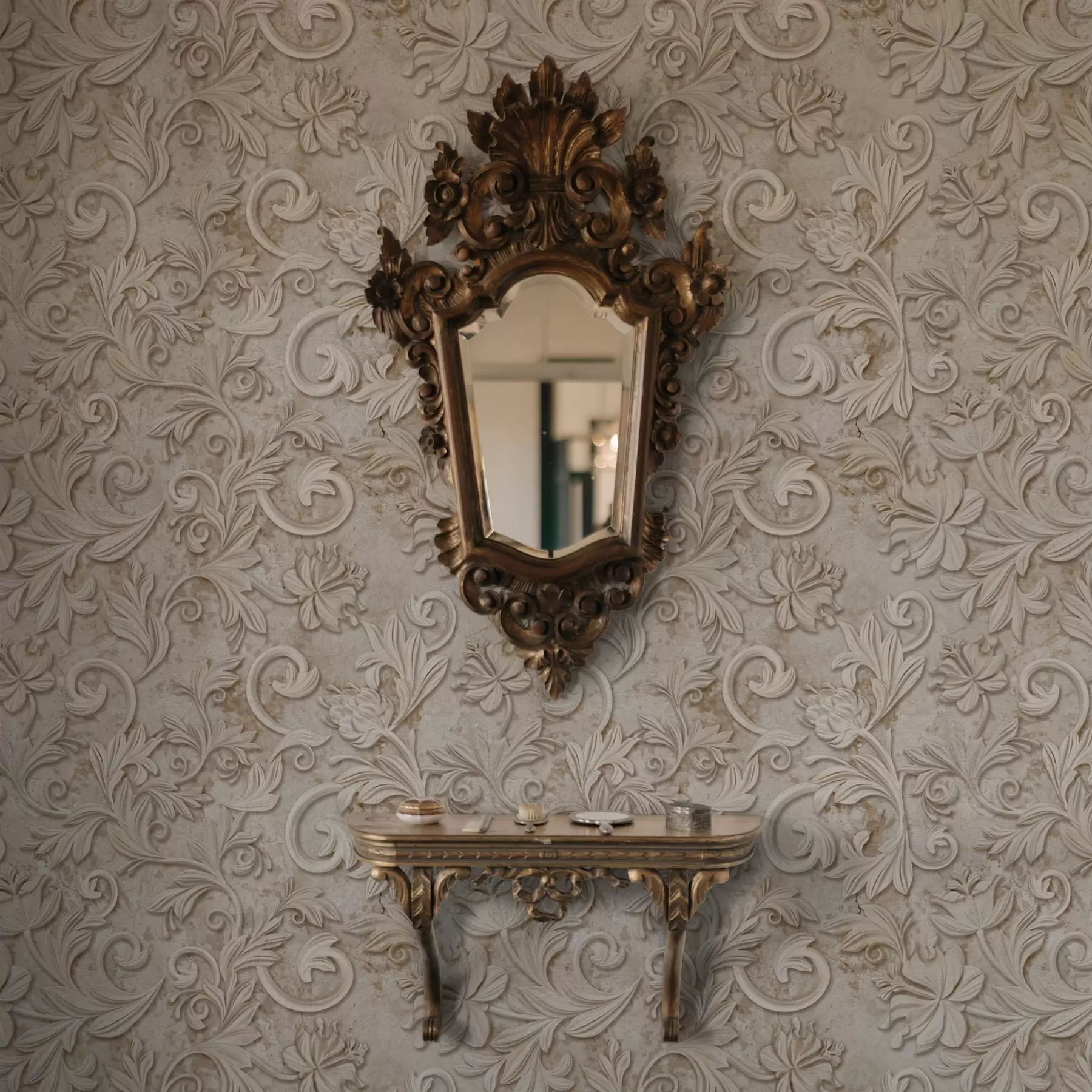 fotószőnyeg Kő dombormű virágos tekercsekkel, vintage bézs színű a00784