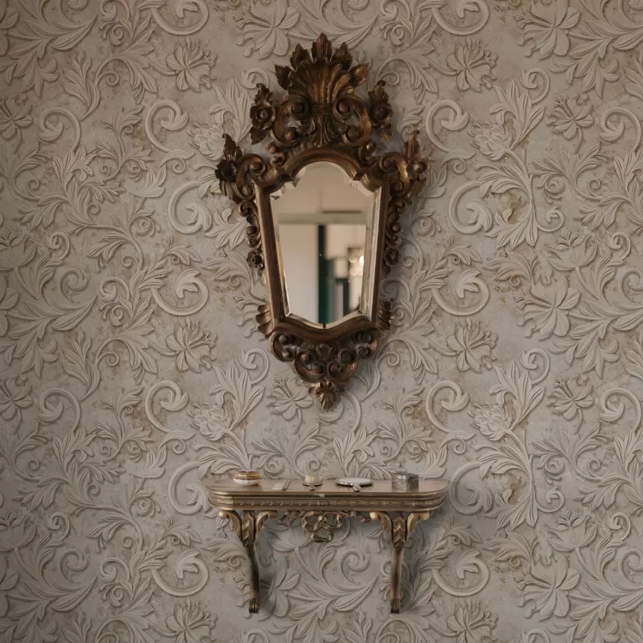 fotószőnyeg Kő dombormű virágos tekercsekkel, vintage bézs színű a00784