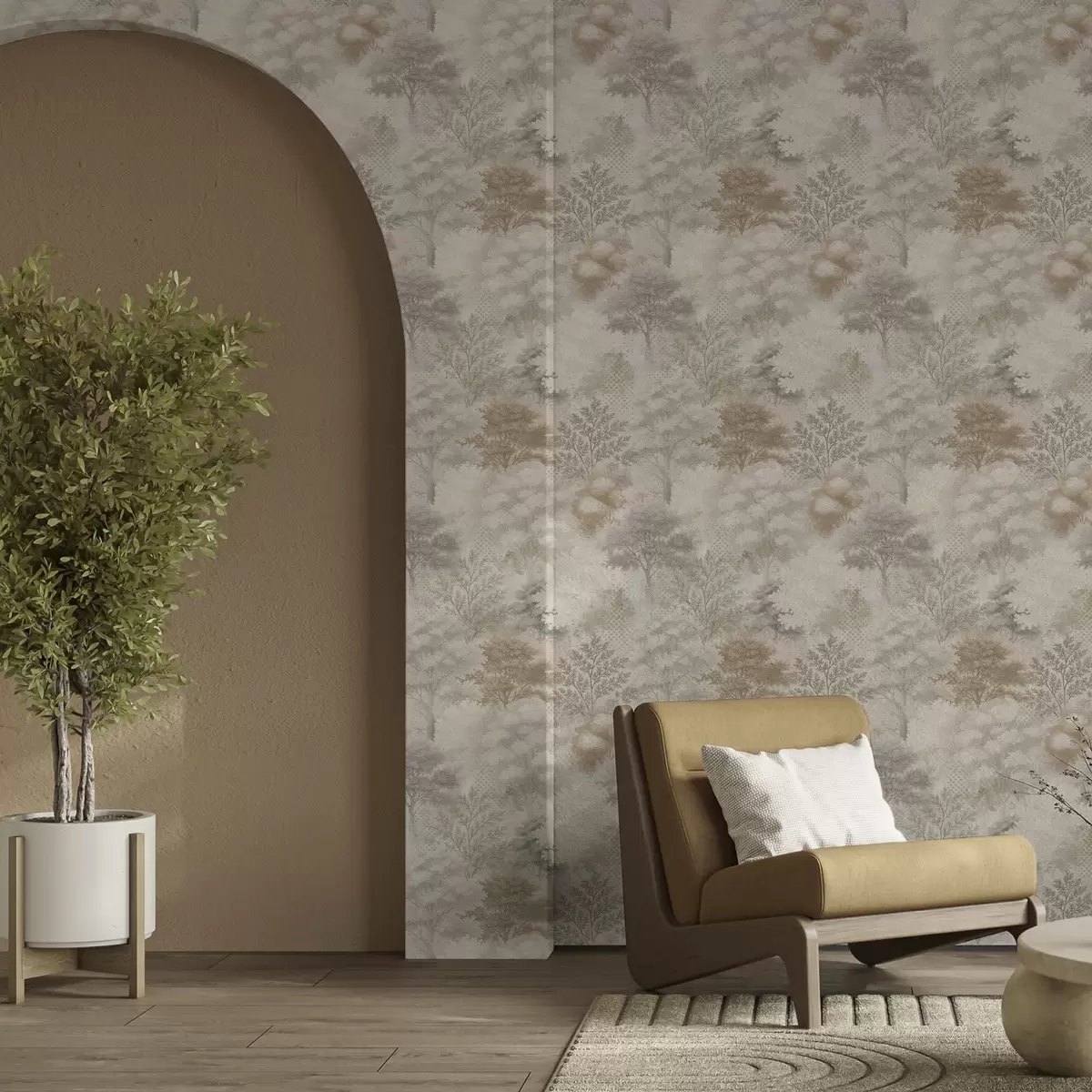 Háttérkép Kíméletes erdő ködben, lágy bézs-szürke árnyalatokban a00785