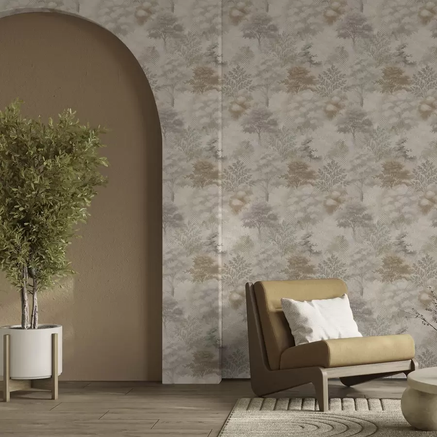 fotószőnyeg Kíméletes erdő ködben, lágy bézs-szürke árnyalatokban a00785