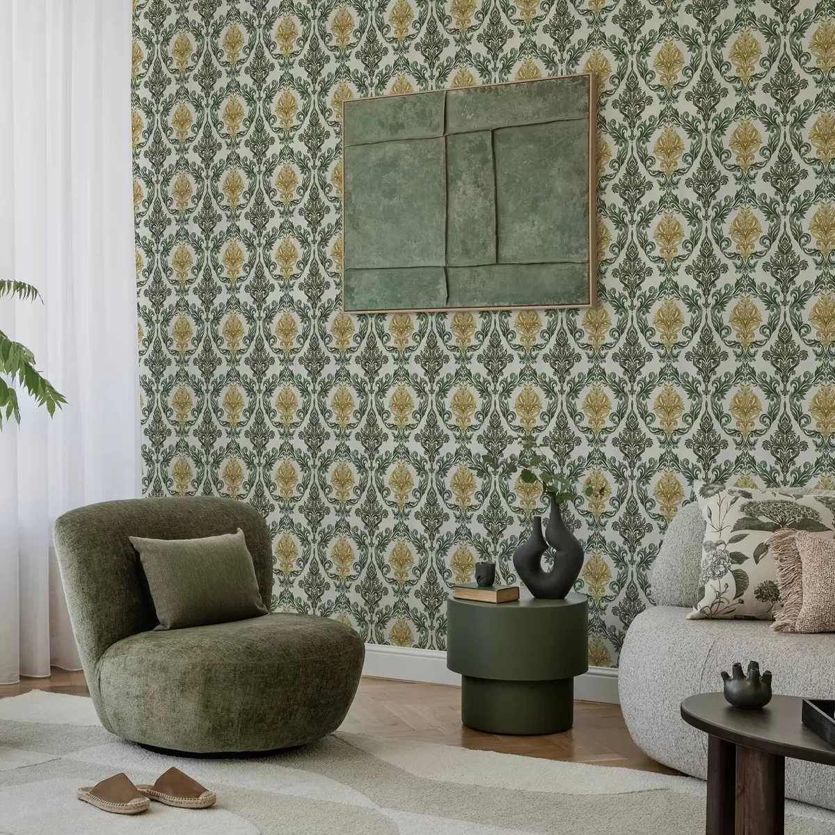 Háttérkép Damaszkuszi szövet, zöld tekercsekkel, világos alapon a00828v1