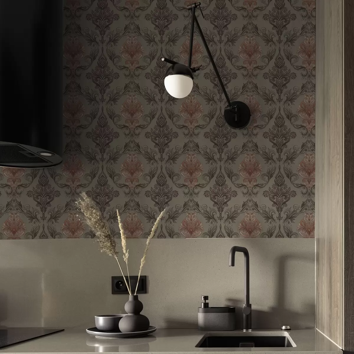 Háttérkép Terrakotta damaszt, halvány olíva alapon a00828v3