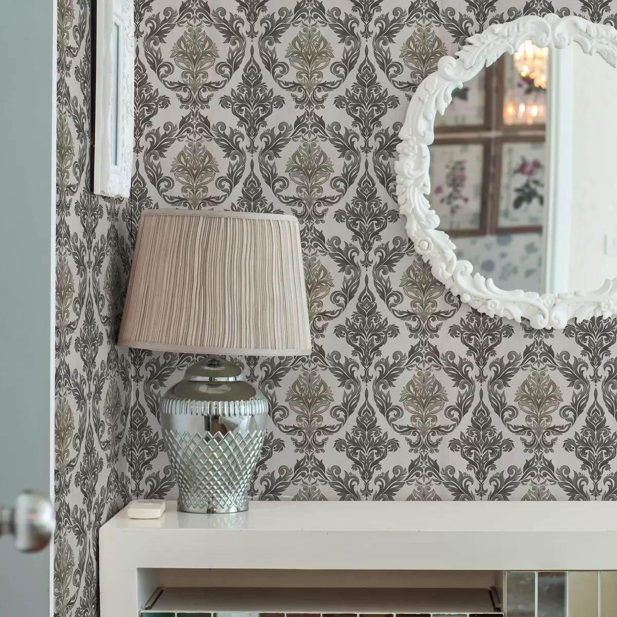 Háttérkép Világos alapon damaszt, olíva-bronz díszítéssel a00828v6