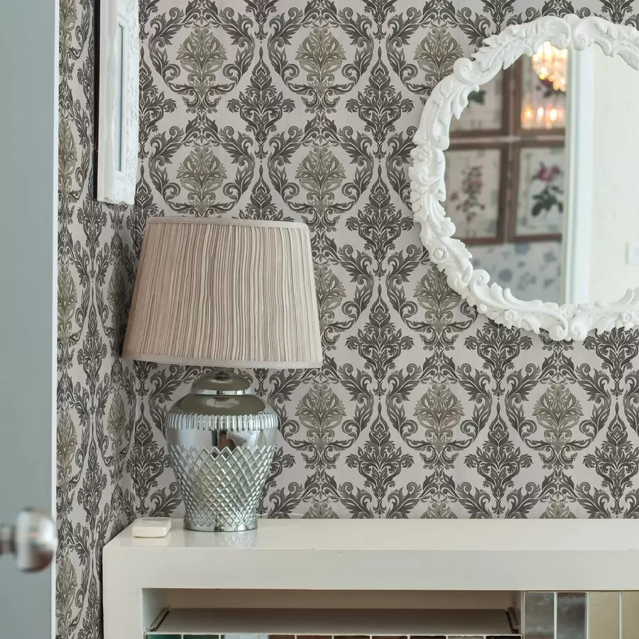 fotószőnyeg Világos alapon damaszt, olíva-bronz díszítéssel a00828v6