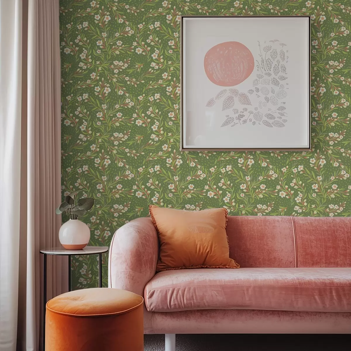 fotószőnyeg Olajzöld háttér előtt terjedelmes ágak krémes virágokkal a00850