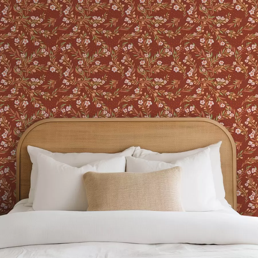 fotószőnyeg Terrakotta háttér előtt fehér virágokkal borított ágak a00850v1