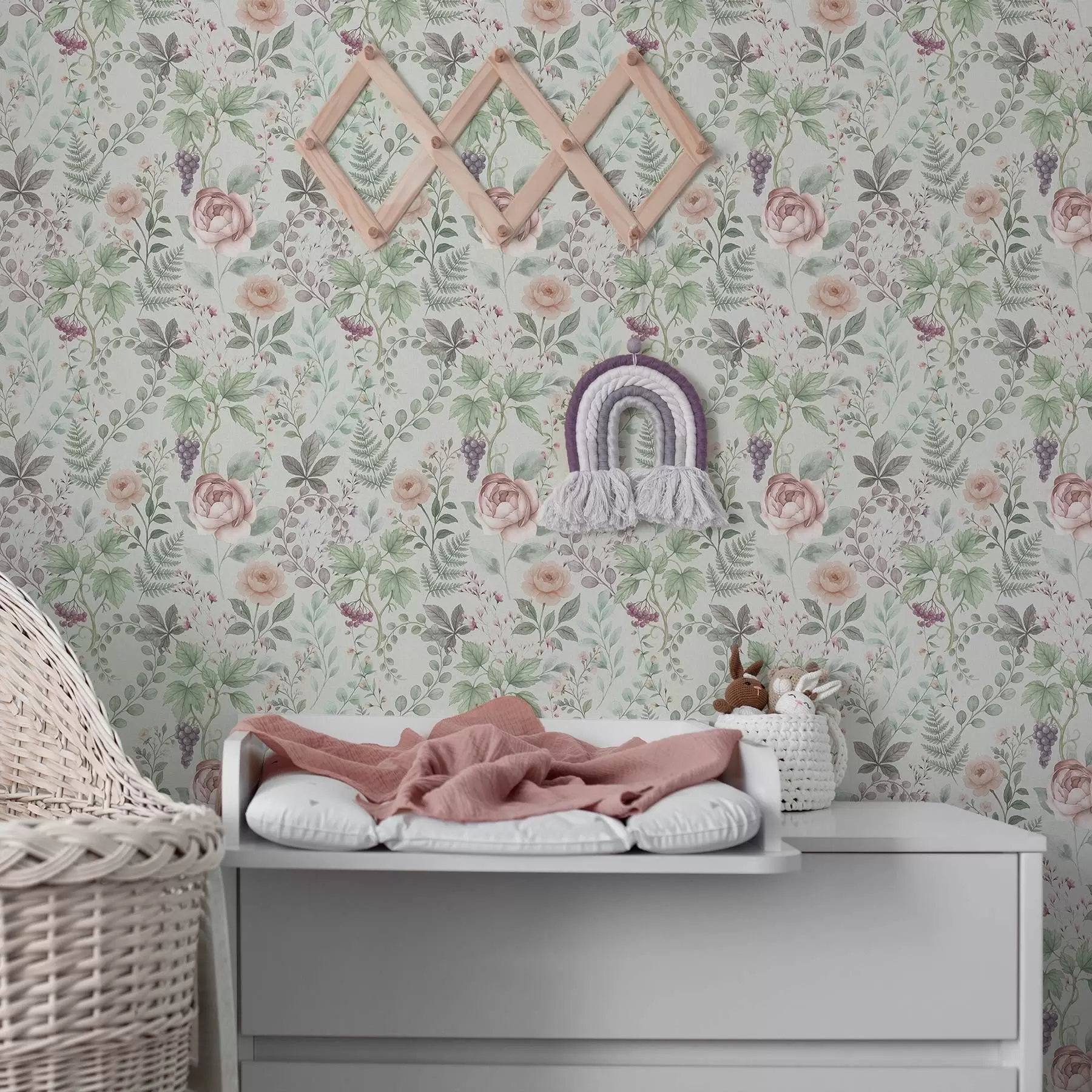 fotószőnyeg Pasztell színű kert rózsákkal, páfrányokkal és szőlővel a00867