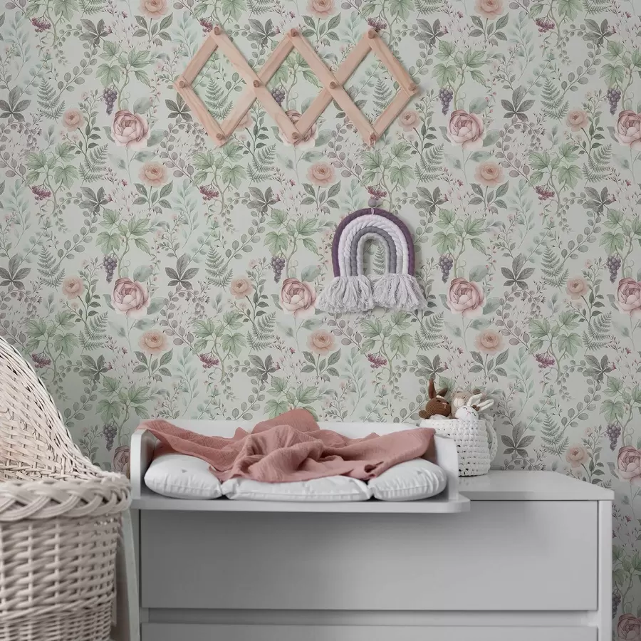 fotószőnyeg Pasztell színű kert rózsákkal, páfrányokkal és szőlővel a00867