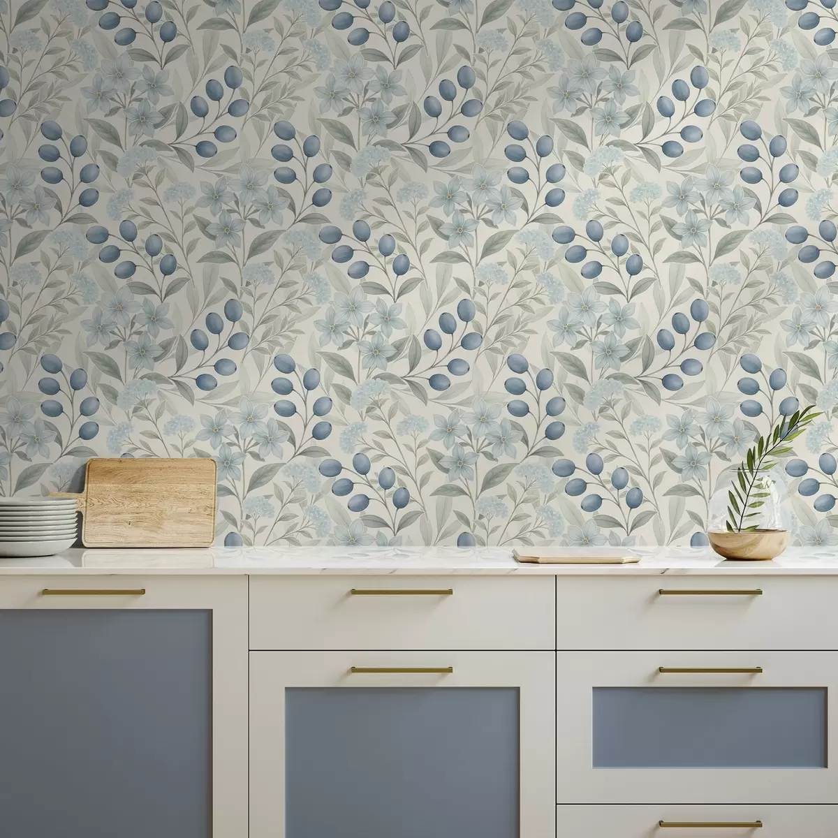 Háttérkép Kék bogyók és világos virágok elefántcsonton a00872