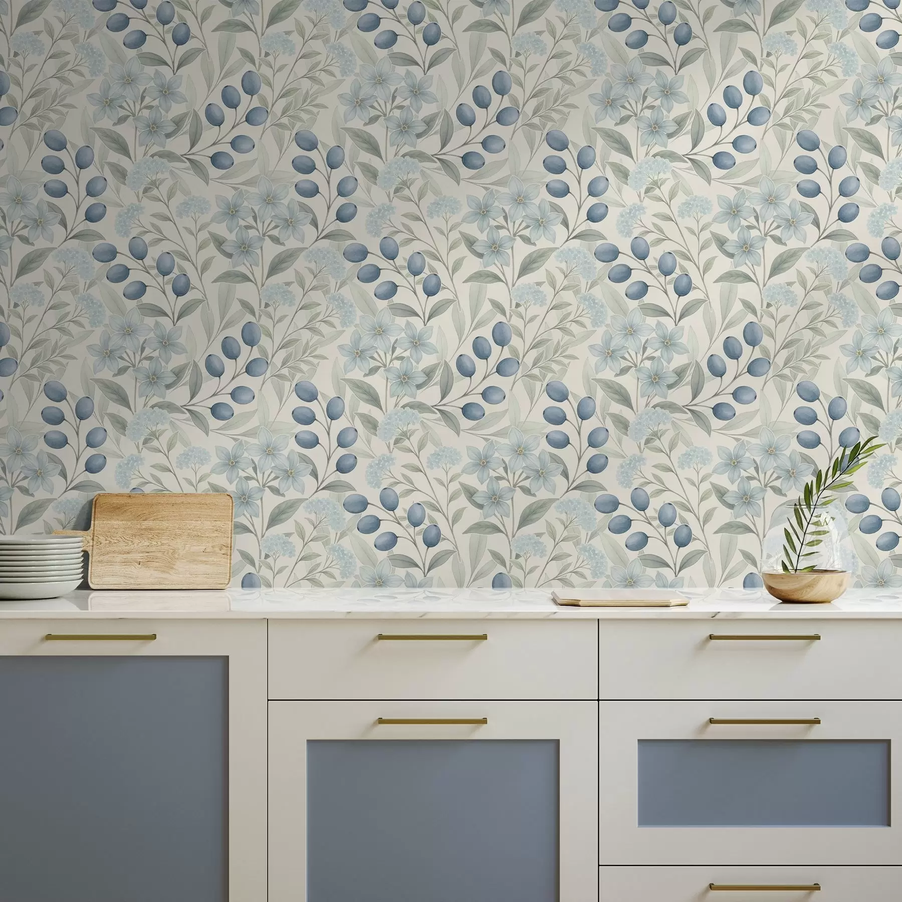 fotószőnyeg Kék bogyók és világos virágok elefántcsonton a00872