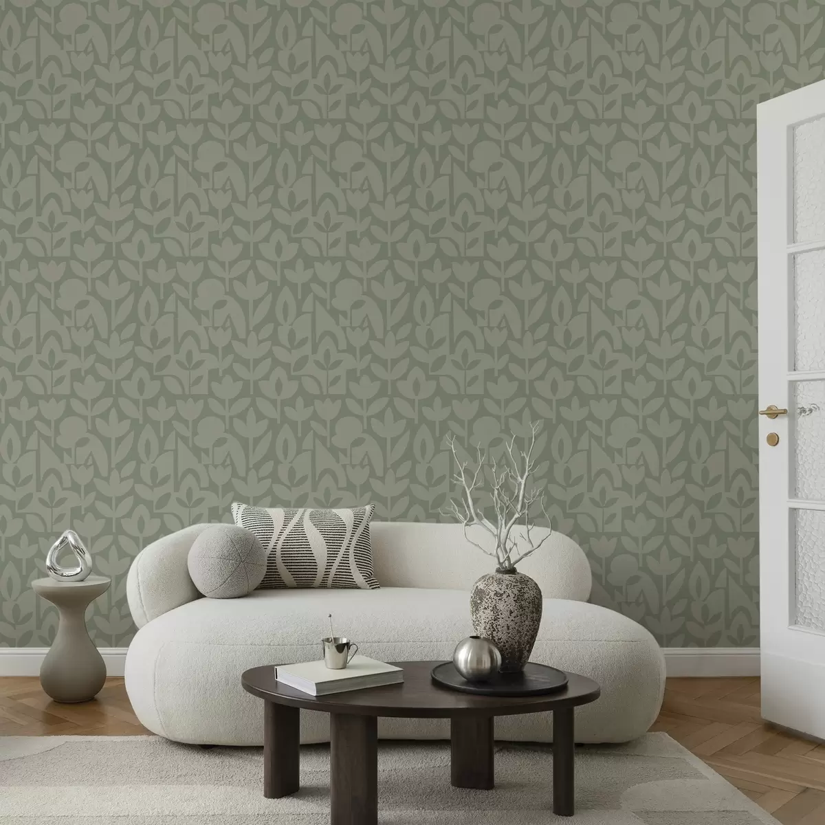 fotószőnyeg Geometrikus virágsziluettek lágy zsályaszínben a00875v1