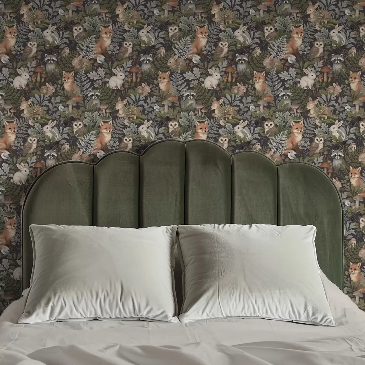 fotószőnyeg Erdőben élő állatok és páfrányok mély szénfekete háttér előtt a00880