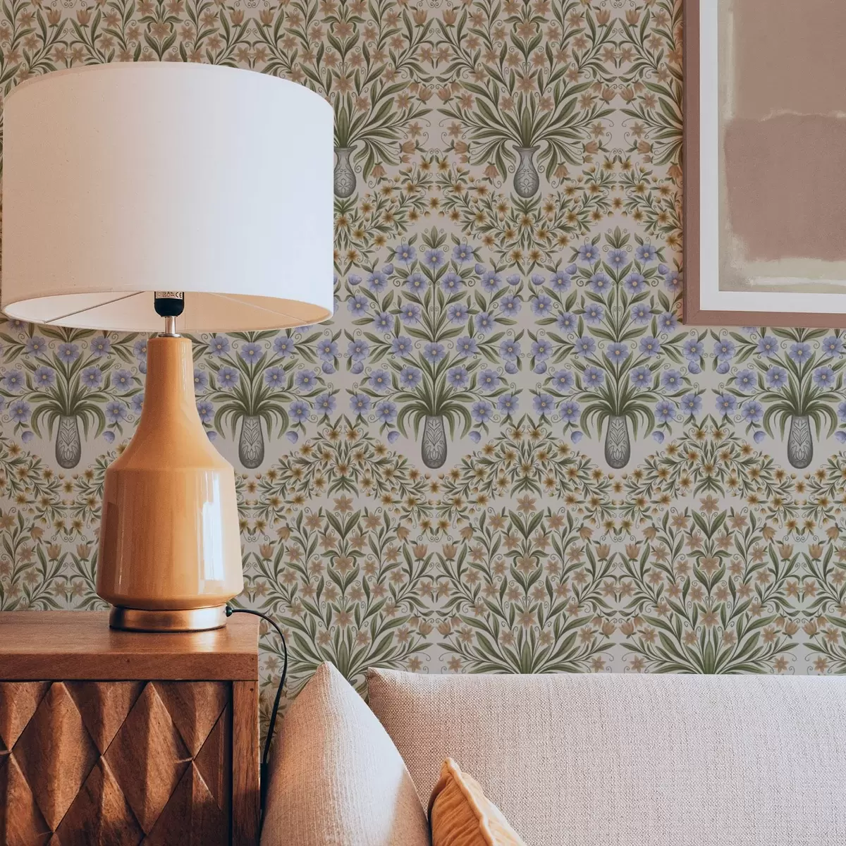 fotószőnyeg Népi vázák kék virágokkal és olajágakkal, rózsaszín alapon a00900