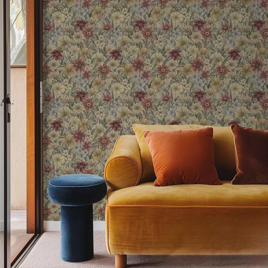 fotószőnyeg Vintage rétek virágzik meleg sárga, piros és zsálya színekben a00906