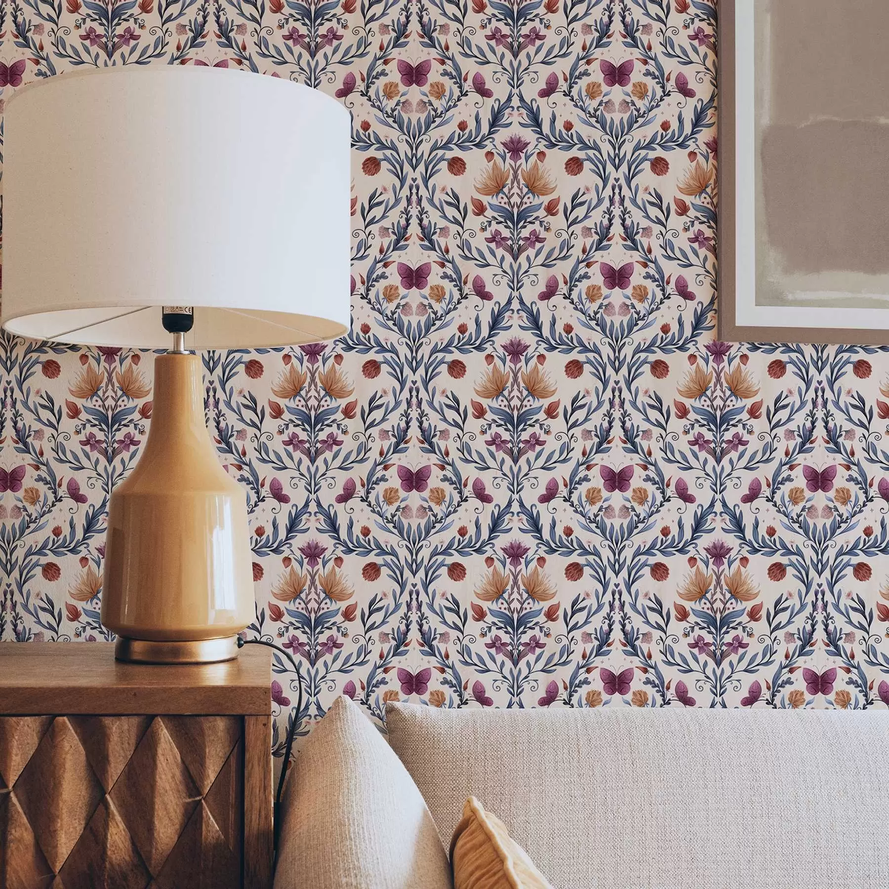 fotószőnyeg Virágos damaszt, pillangókkal, puha barack színű háttérrel a00926