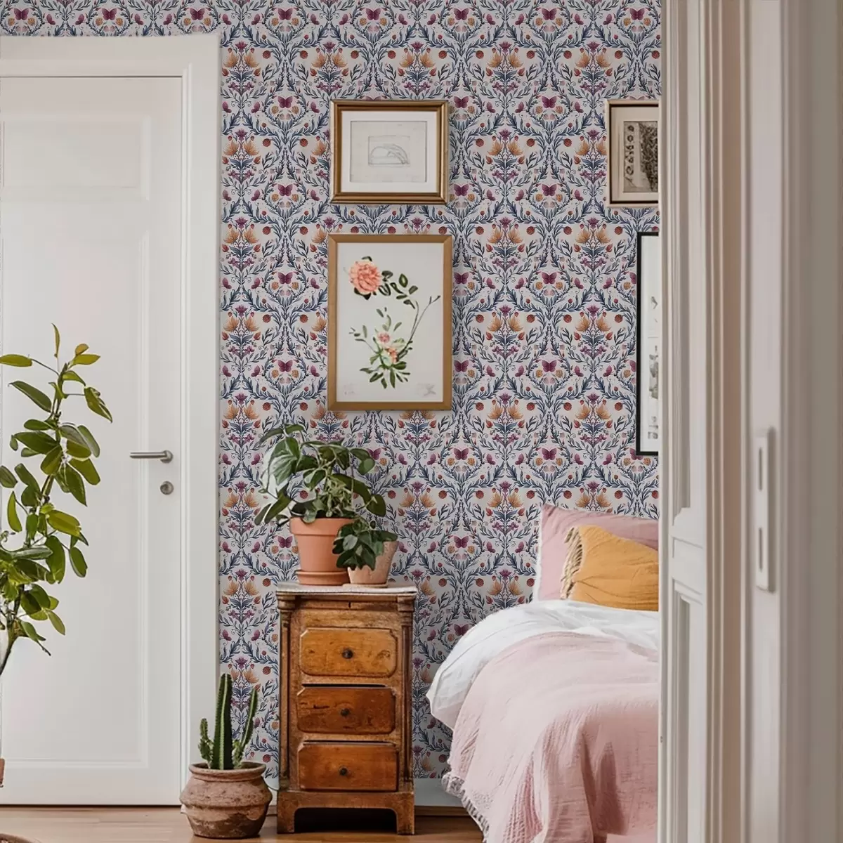 fotószőnyeg Virágos damaszt, fehér alapon sötétkék és terrakotta színű pillangókkal a00926v1