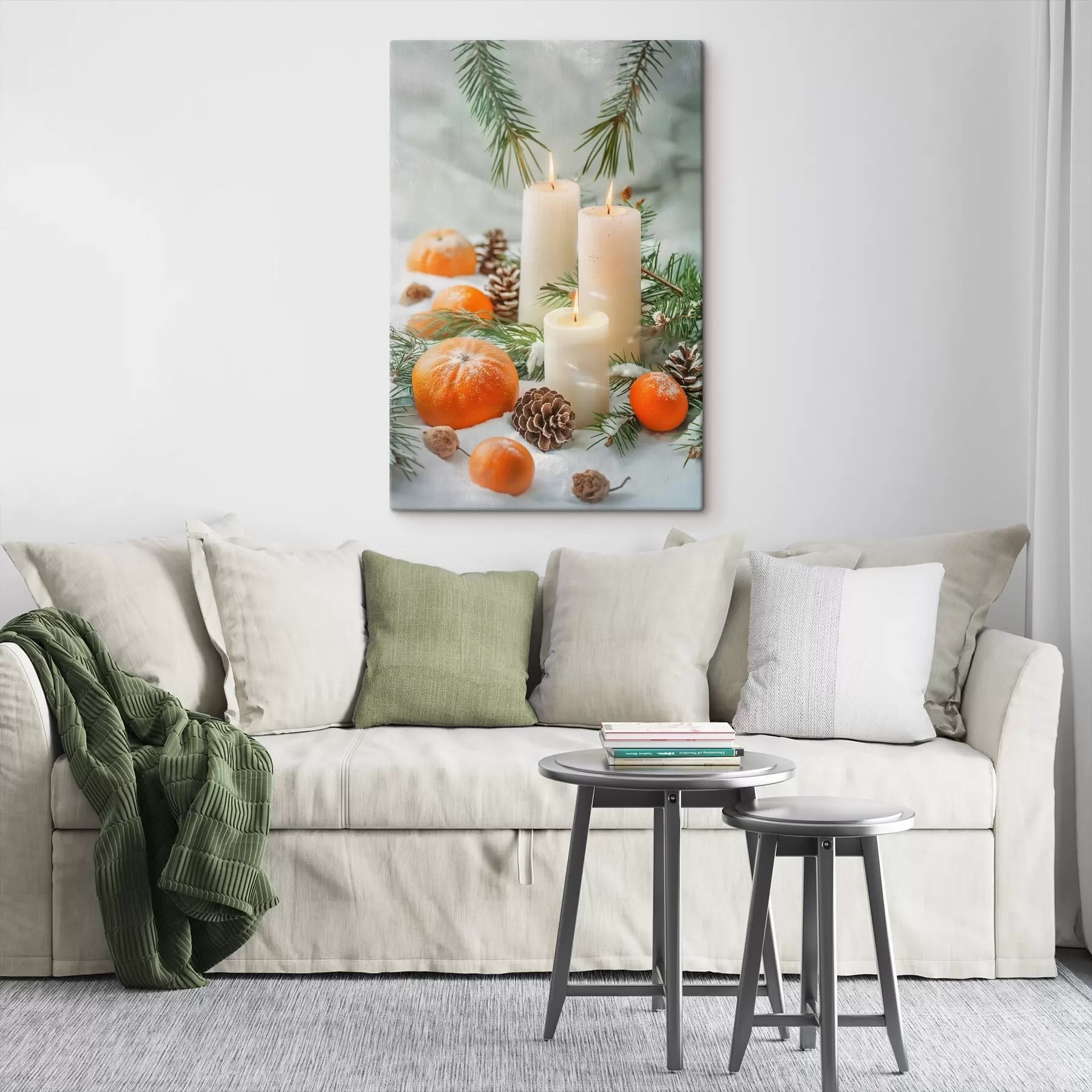 fotótapéta Gyertyák, mandarinok és fenyőtobozok s46615