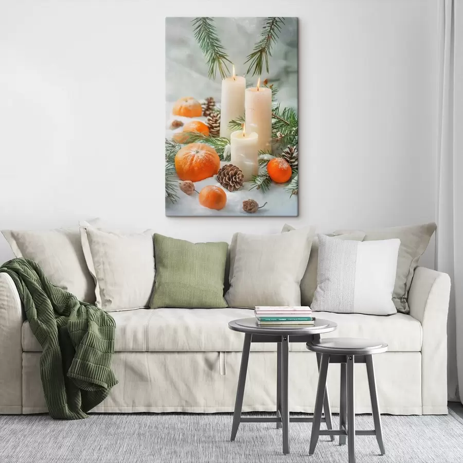 fotótapéta Gyertyák, mandarinok és fenyőtobozok s46615