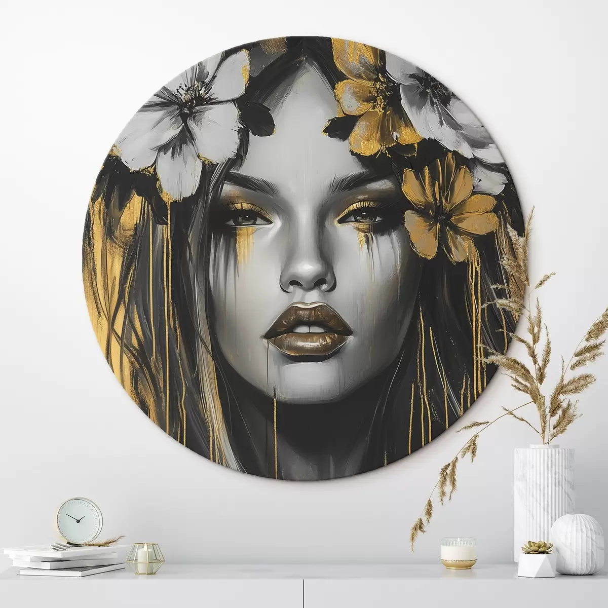 Kerek festmények Absztrakt portré egy nőről virágokkal r46454