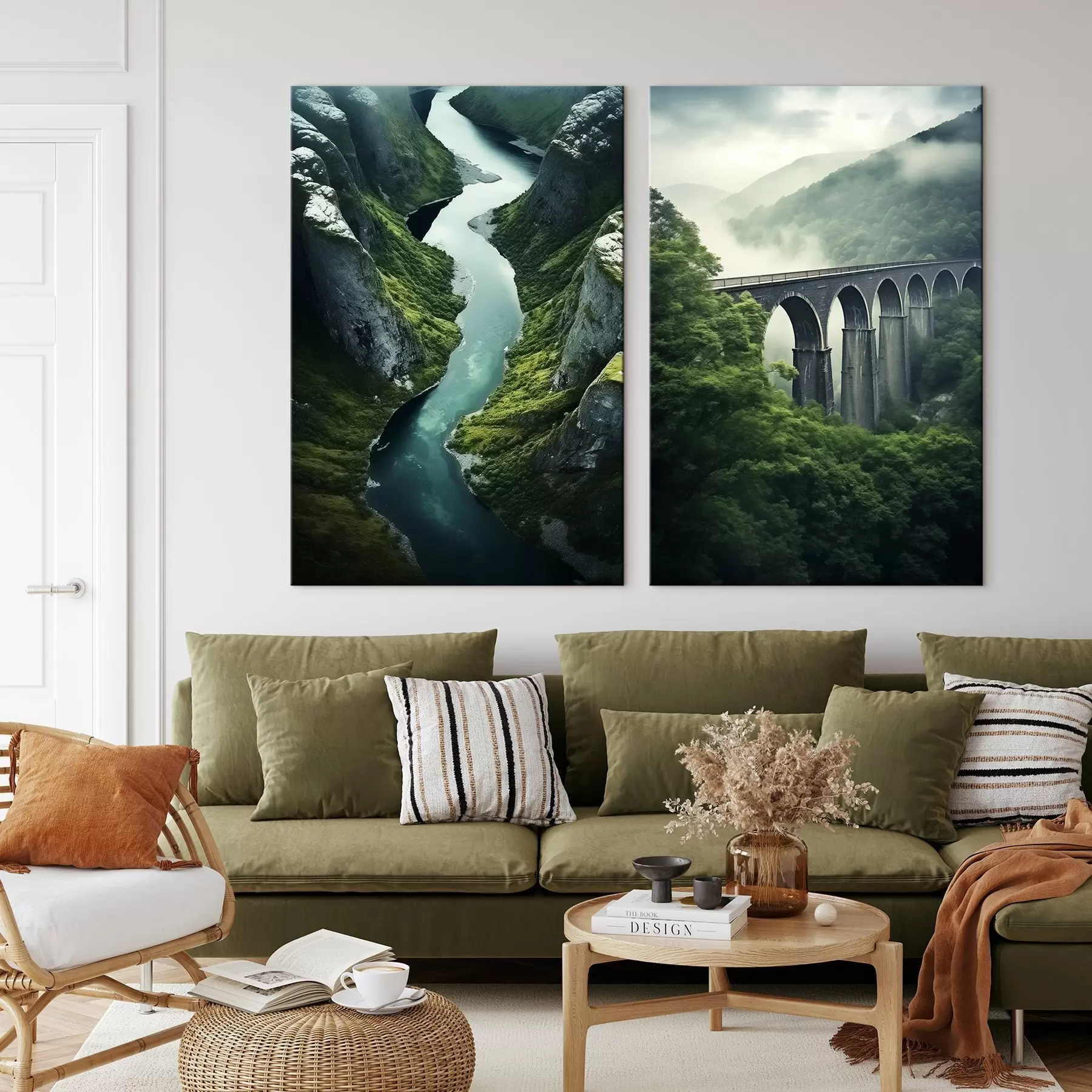 fotótapéta Légi folyó kanyon és ködös viadukt a zöld dombok között m00967