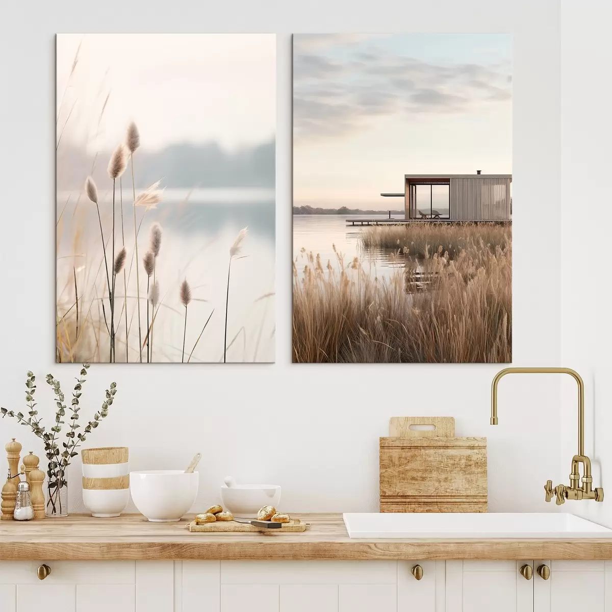 fotótapéta Lágy nádasok egy csendes tó partján és modern kunyhó a parton m00970