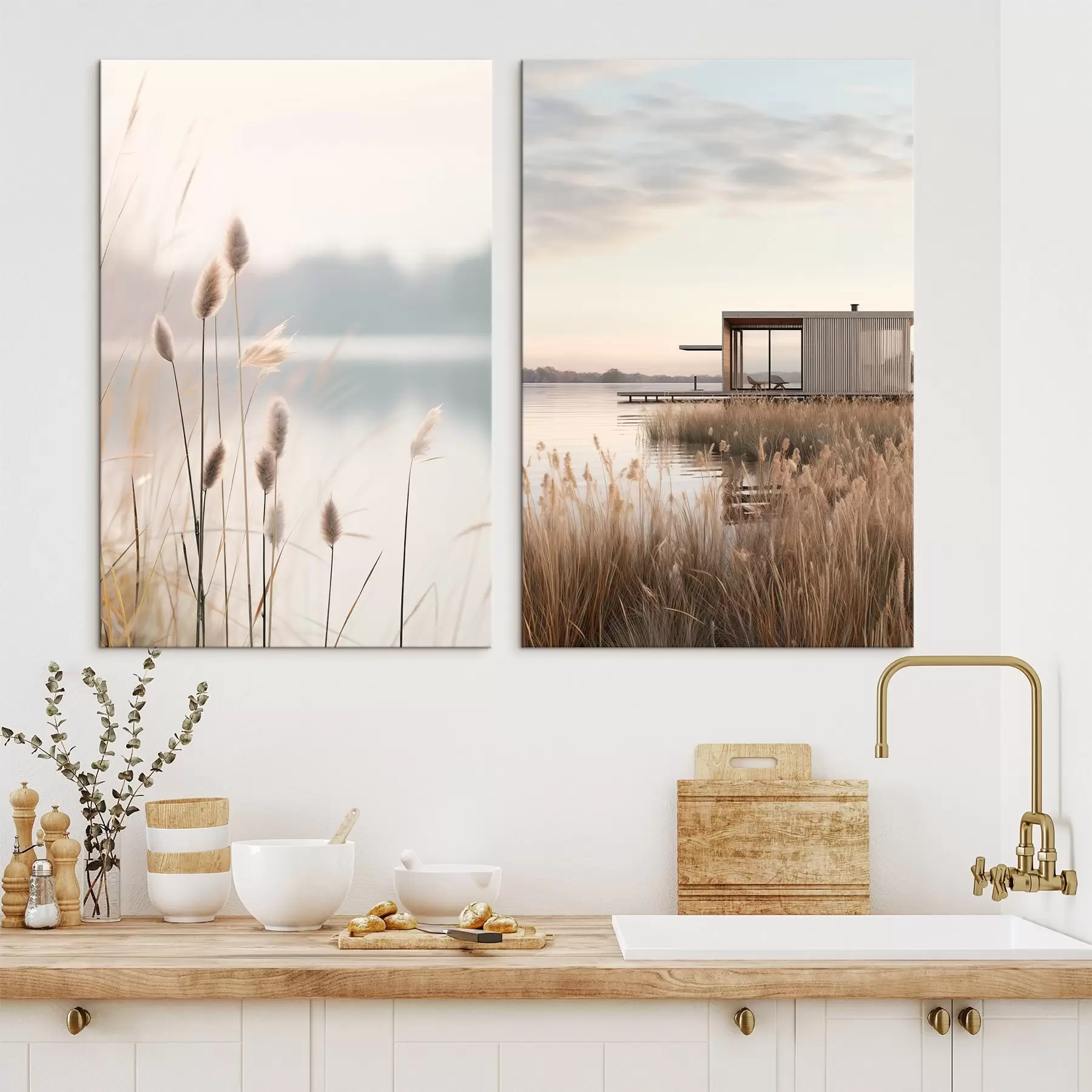 fotótapéta Lágy nádasok egy csendes tó partján és modern kunyhó a parton m00970