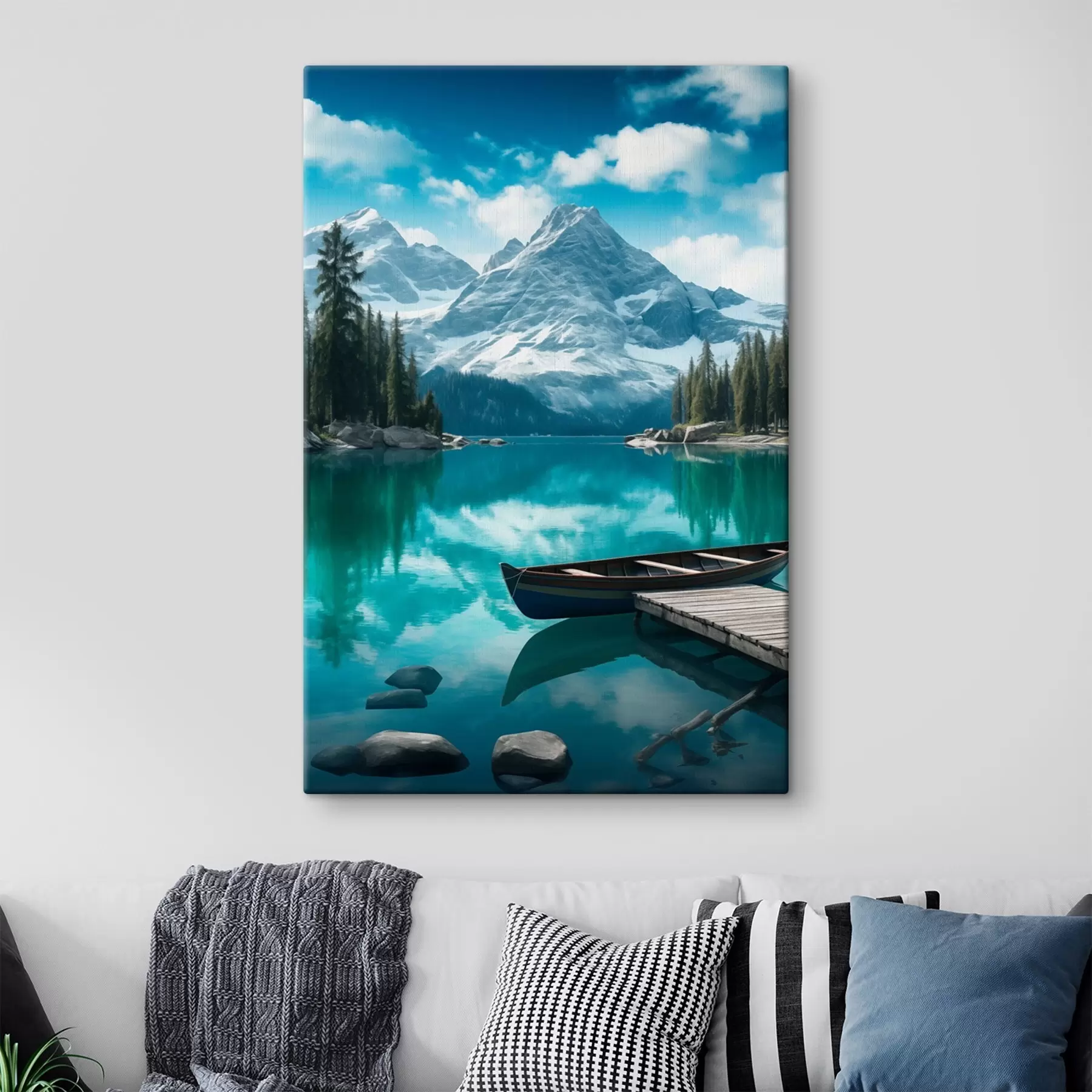 fotótapéta Alpesi tó kenuval és havas csúcsokkal s46481