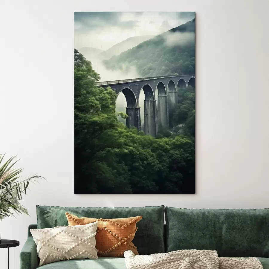 fotótapéta Kőviadukt a ködös, erdős völgy felett s46483