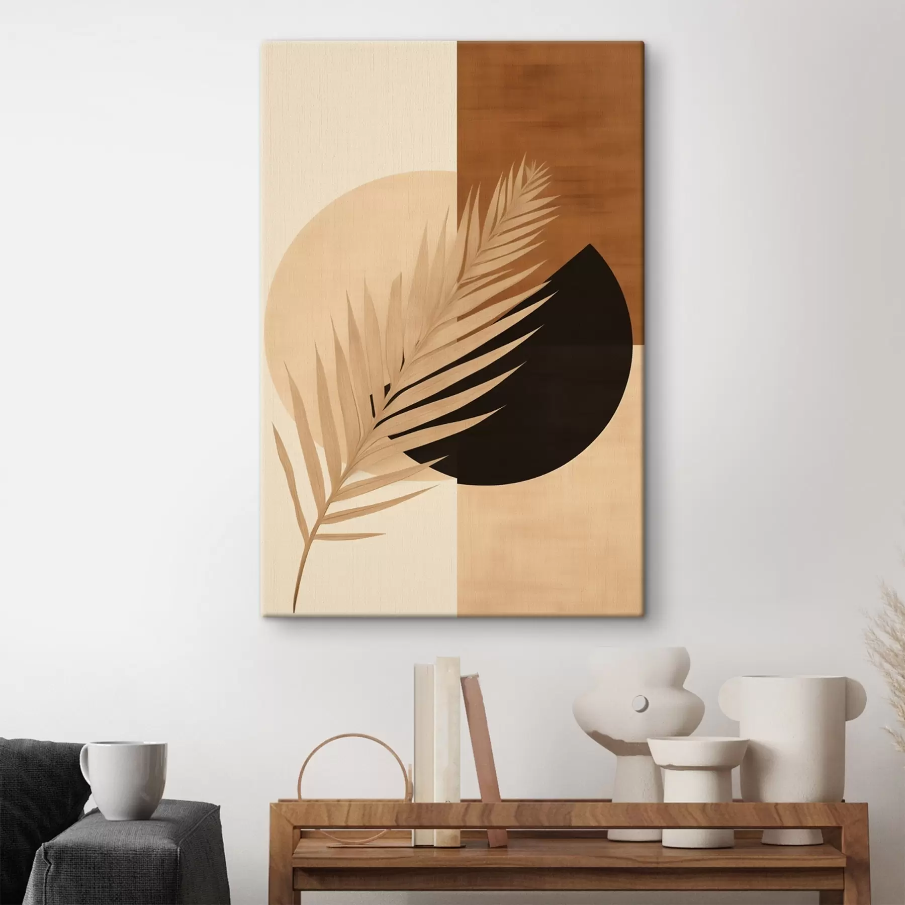 fotótapéta Pálmalevél terrakotta és krém színű geometriai mintával s46490