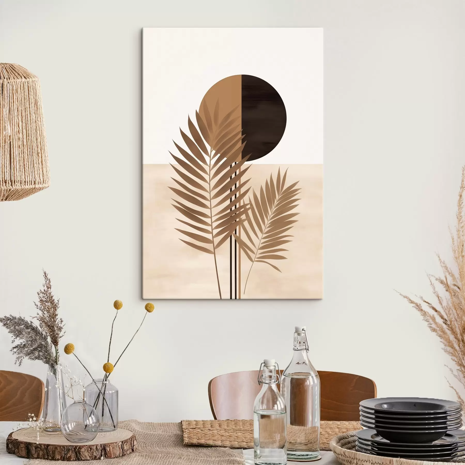 fotótapéta Két pálmalevél, hasított kör alakú napmotívummal s46491