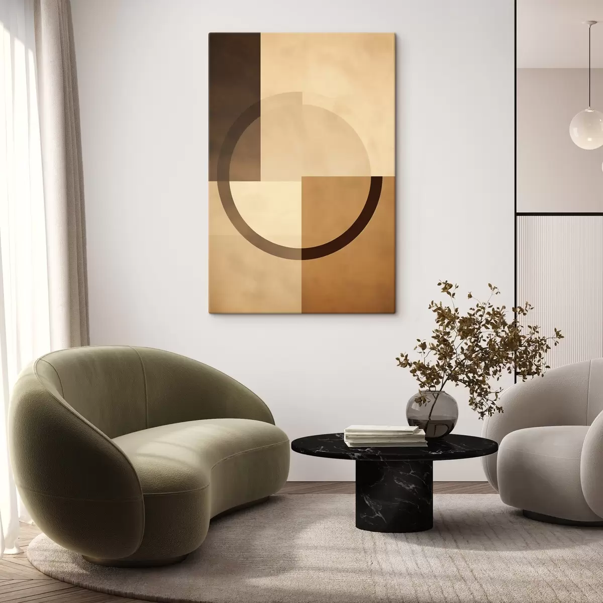 fotótapéta Halvány négyzetek áttetsző gyűrűvel, meleg földszínekkel s46498