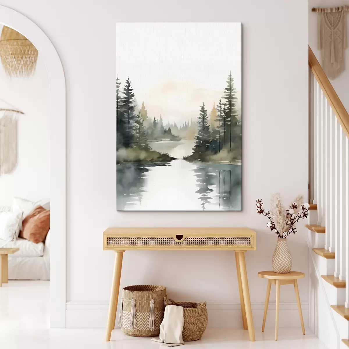 fotótapéta Ködös tűlevelű erdő a nyugodt folyó felett, akvarell stílusban s46507