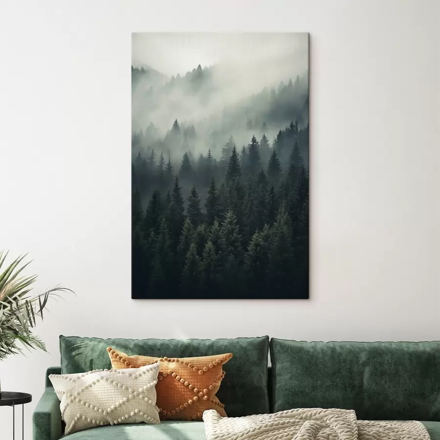 fotótapéta Köd gomolyog a sűrű örökzöld erdő felett s46512