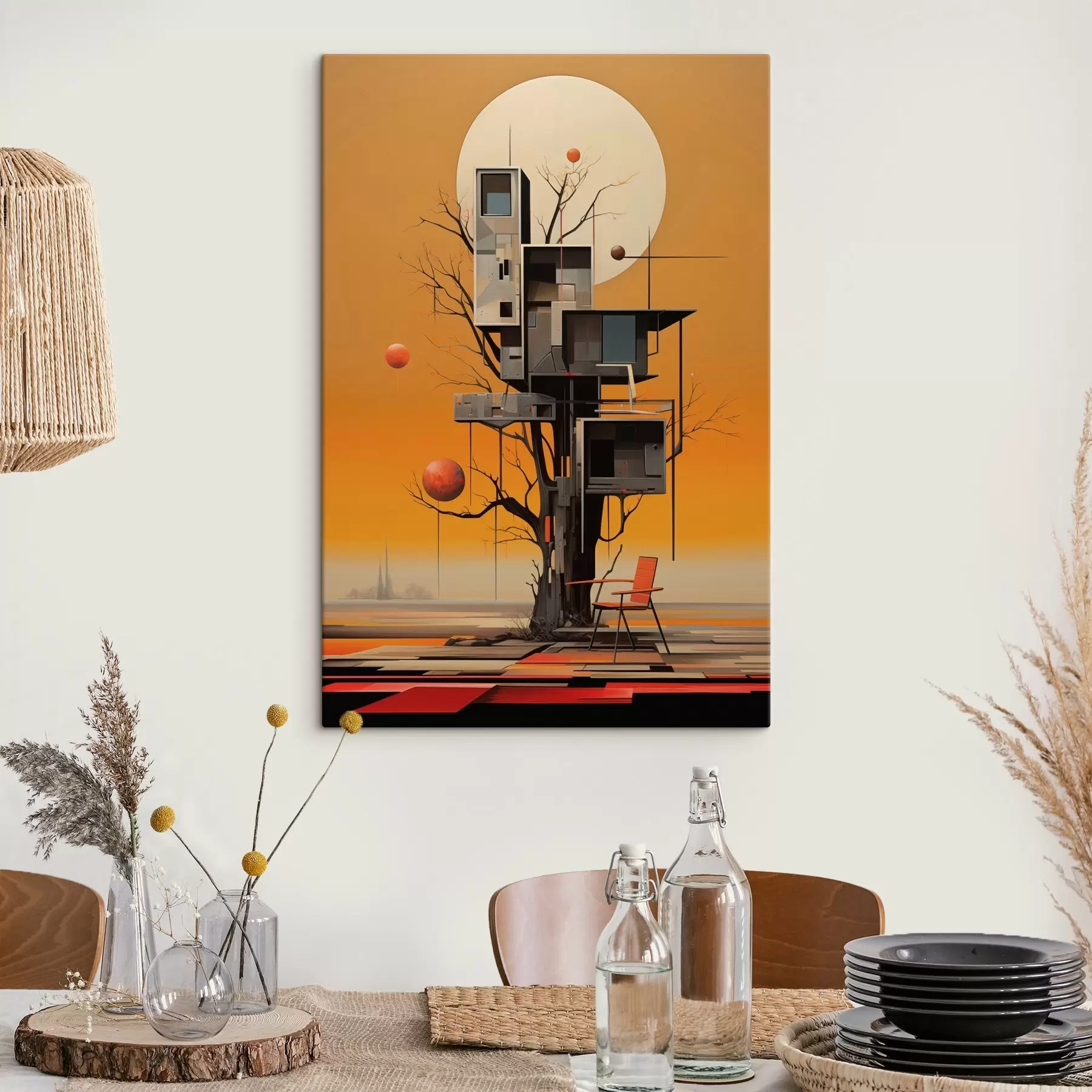 fotótapéta Szürreális faház narancssárga háttér előtt s46526