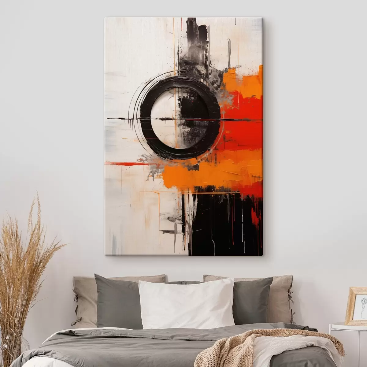 fotótapéta Fekete kör fehér alapon, narancssárga vonások és fröccsenések s46549